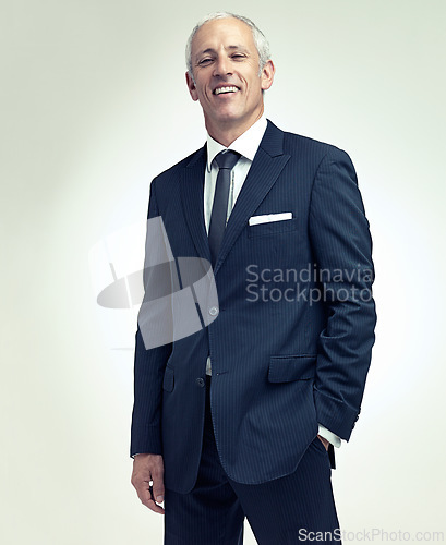 Image of Mature, businessman and portrait in studio with confidence as entrepreneur boss of financial company, corporate or white background. Male person, face and professional for accounting, loans or mockup