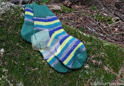 Image of a pair of woolen socks on a stone in the forest