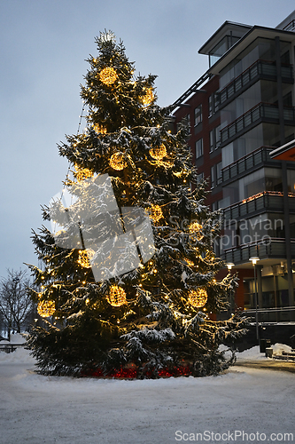 Image of Christmas tree outdoors in a small Finnish town