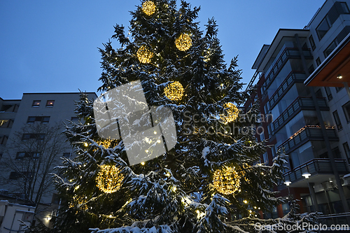 Image of Christmas tree outdoors in a small Finnish town