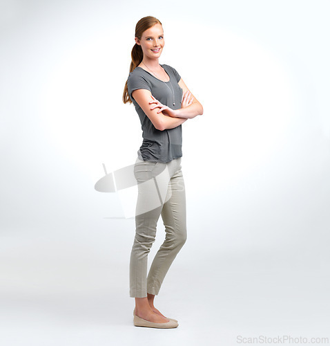 Image of Woman, portrait and confident in studio with smile, fashion and creative style in mockup. Female person, happy and pride in white background with arms crossed, entrepreneur and career for startup