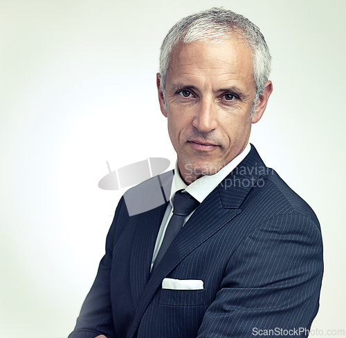 Image of Business, mature and portrait of man in studio for professional career, corporate culture and serious. Senior person, manager or ceo of lawyer firm or company, leader and isolated on white background