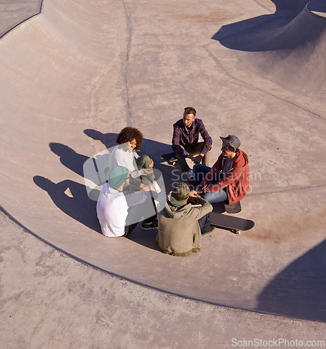 Image of Group, skate park and friends with conversation, sunshine and recreation with weekend break and team. People, outdoor and skaters with summer and hobby with diversity and support with discussion