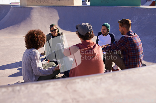 Image of Summer, skate park and friends with conversation, relax and discussion with weekend break and team. People, outdoor and skaters with social or recreation with diversity or support with group or gen z