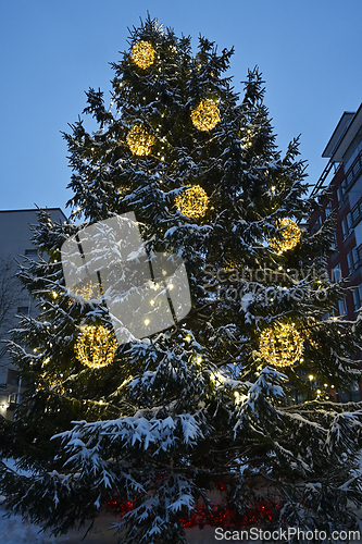 Image of Christmas tree outdoors in a small Finnish town