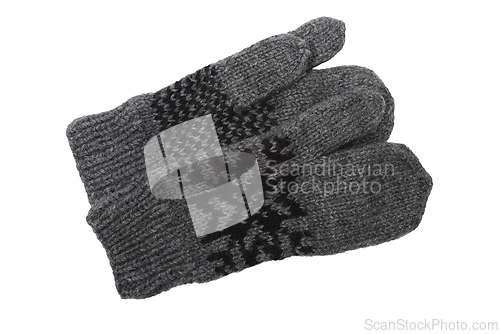 Image of wool gray knitted three-fingered gloves on a white 