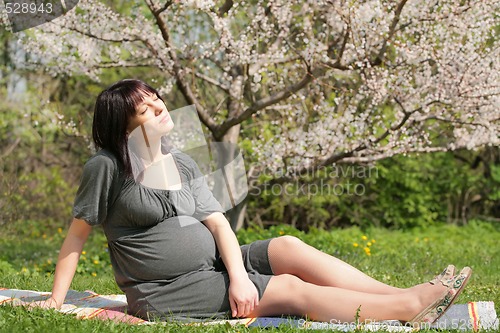 Image of expectant mother in apple garden