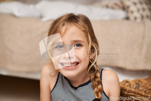 Image of Portrait, young kid or big smile in oral hygiene, dental care or orthodontics as healthy teeth. Happy, proud or female child in clean, mouth or fresh breath as whitening, wellness or dentistry