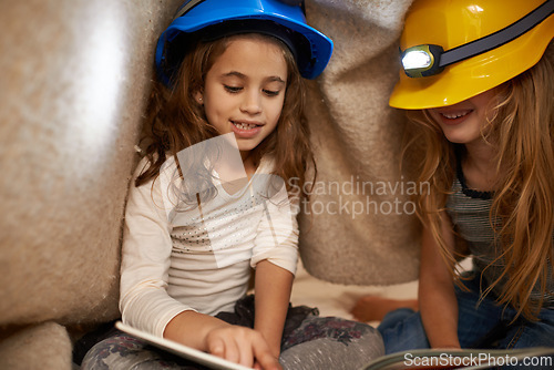 Image of Lights, girls and kids with a book, happiness and fairytale with fun and bonding together with vacation. Blanket, home and headlamp with children or reading adventure story with with friends or relax