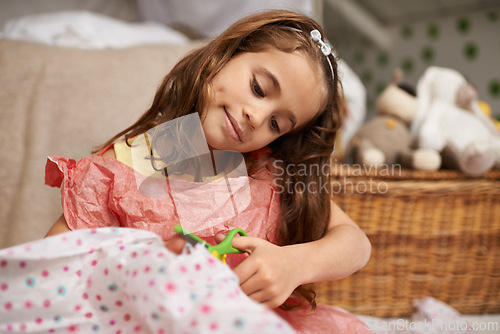 Image of Childhood, girl or thinking of art, craft or paper vision as planning, fantasy or creative idea. Home, kid or scissors to remember, cardboard or project as inspiration to create happy memory