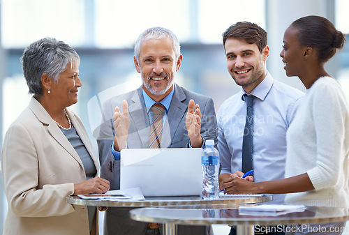 Image of Meeting, laptop and portrait of business people for collaboration, brainstorming ideas and discussion. Corporate, teamwork and men and women with technology, documents and online report for project