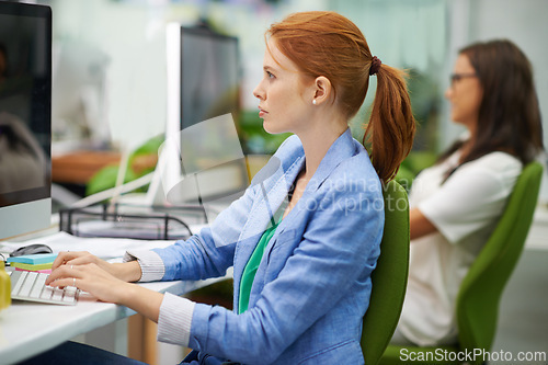 Image of Business, woman and computer with typing, startup and creative with PR agency and online reading for a company blog. People, consultant and employees with pc and internet for research and technology