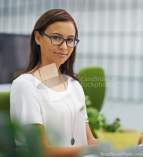 Image of Portrait, glasses and business with woman, startup and modern office with PR agency and consultant. Face, person and employee with eyewear and clear vision with professional and editor in a workplace