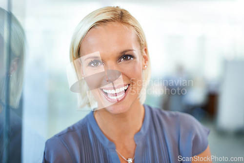 Image of Portrait, workplace and woman with smile, confidence and opportunity in HR consulting business career. Face, office and happy businesswoman with pride at human resources agency with professional job