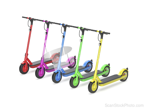 Image of Row with five electric scooters with different colors