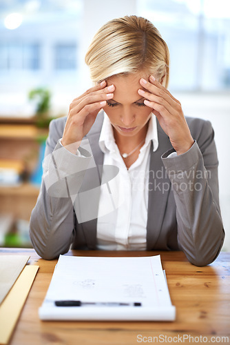 Image of Lawyer, woman and headache in office with documents, stress or tired of case investigation at desk. Advocate, attorney and person with burnout, frustrated and fatigue with legal paperwork at law firm
