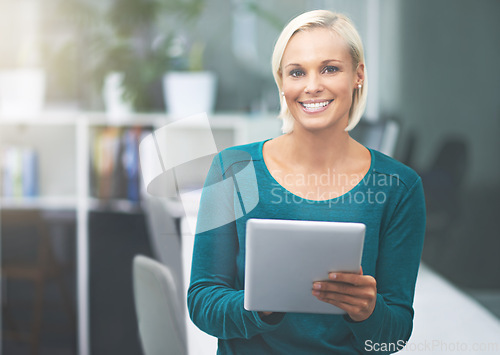 Image of Portrait, office and woman with smile, tablet and opportunity in HR consulting business career. Face, workplace and happy businesswoman with digital app at human resources agency with online report