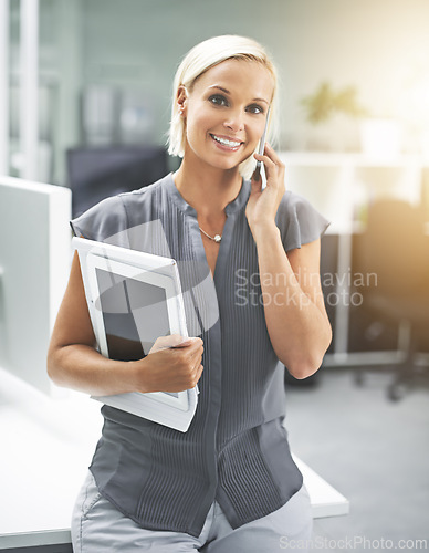 Image of Portrait, office and woman with tablet, phone call and opportunity in HR consulting business career. Face, workplace and happy businesswoman with smartphone for networking at human resources agency