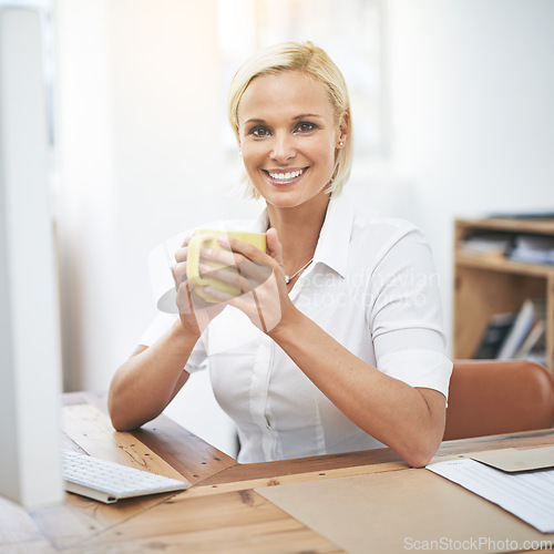 Image of Business woman, computer and portrait with coffee, smile or pride with confidence in morning at modern office. Person, employee and happy by pc with drink, tea cup and start day at corporate company