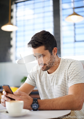 Image of Man in coffee shop, smartphone and scroll on social media, reading on mobile app or ebook with communication and contact. Chat, email or text message with tech, search internet and online at cafe