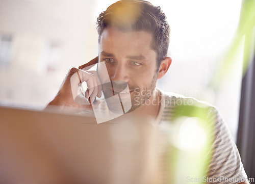 Image of Remote work, phone call and freelancer with laptop for networking, chat and creative professional on website. Computer, research and happy man with online job, cellphone and consulting on web project