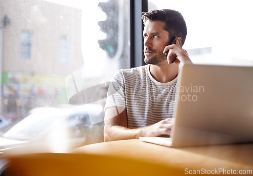 Image of Thinking, phone call and man in cafe with laptop for networking, chat and creative professional on website. Computer, communication and freelancer with online job, cellphone or consulting for project