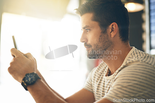 Image of Man, relax with smartphone and scroll online for social media, technology and communication. Chat, reading on mobile app or ebook with connectivity, contact and using phone for texting with network