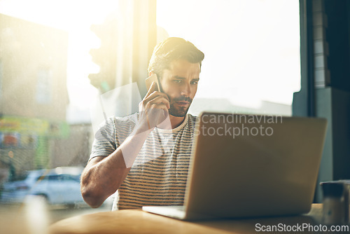 Image of Remote work, phone call and man in restaurant with laptop for networking, chat and creative professional on website. Computer, research and freelancer with online job, cellphone or consulting in cafe