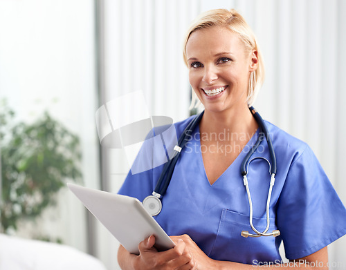 Image of Portrait, nurse and tablet in hospital for healthcare service, research and planning on clinic software. Face of woman in medical job on digital technology for online charts, schedule and telehealth