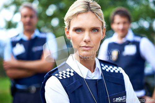 Image of Security, justice and portrait of police woman outdoors for crime, protection and safety service. Teamwork, collaboration and officer with crossed arms for patrol, law enforcement and surveillance