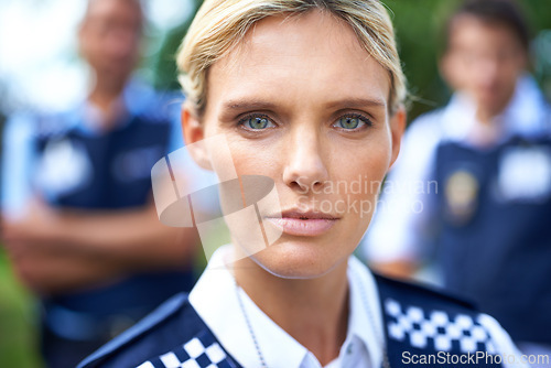 Image of Guard, law enforcement and portrait of police woman outdoors for crime, protection and safety service. Teamwork, security and face of officer with confidence for patrol, justice and surveillance