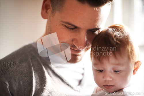 Image of Peace, love or father and baby in a house with care, trust and child development, support or bonding. Family, security and dad with kid at home for learning, safety or morning games with gratitude