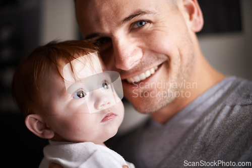 Image of Happy, portrait or father and baby in a house with love, trust or child development, support or bonding. Family, face or dad with kid at home for learning, safety or morning games, gratitude or pride