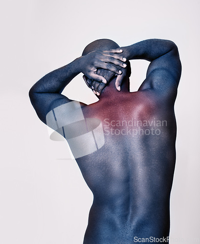 Image of Man, back and neck pain with red glow, body and injury with muscle, tension or pressure on white background. Spine, bruise or strain with fitness, overlay for anatomy and burnout with ache in studio