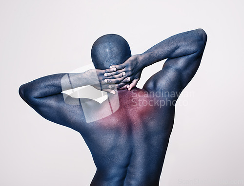 Image of Man, back and neck pain with glow, body and injury with muscle, tension or pressure on white background. Spine, bruise or strain with fitness, red overlay for anatomy and burnout with ache in studio