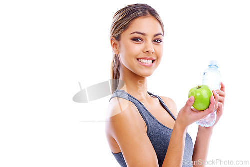 Image of Fitness, woman and portrait with apple and water in studio for gym, wellness or diet on white background and mockup. Dietician or nutritionist with smile and fruit for vitamin and workout