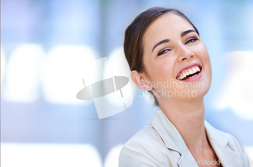 Image of Professional woman, portrait and laughing with confidence for job, career and excited for human resources. Face of business person or employee on blurred background with smile, funny and mockup