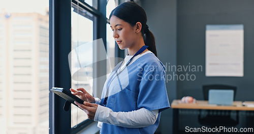 Image of Healthcare, nurse and tablet in hospital with thinking for treatment results, medical research or information. Woman, planning and digital technology for telehealth, online diagnosis or consultation