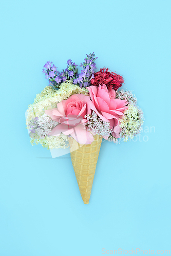 Image of Surreal Summer Flowers in Ice Cream Cone Composition