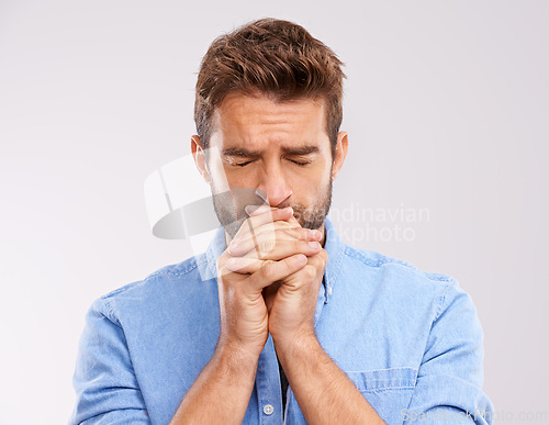 Image of Man, praying and worship with anxiety and faith in God, seek help and advice for guidance on white background. Spiritual, religion and gratitude with thanks, stress and forgiveness with hope