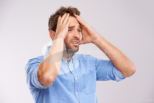 Image of Stress, panic or sad man with hands on face in studio frustrated by fail, accident or mistake on white background. Anxiety, depression or model overthinking trauma, conflict or overwhelmed by loss