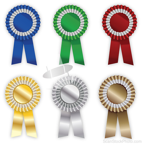 Image of Award, ribbon and rosettes by white background on banner, abstract and sign for victory in competition. Symbol, token and recognition of achievement for event, occasion, colors and winner or honor