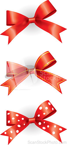 Image of Ribbon, bow and creative decoration in studio for gift packaging, holiday season and christmas aesthetic. Art, template design and present knot on white background for party, celebration and wrapping