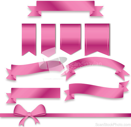 Image of Pink ribbon, banner and creative decoration or design in studio for gift packaging, advertising and baby shower. Art, template and logo set for party, celebration and wrapping on white background