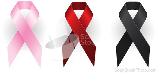 Image of Ribbon, awareness and bow in studio for support, breast cancer and HIV healthcare icon or sign. Symbol, chest decoration and campaign for solidarity, recognition and mourning on white background