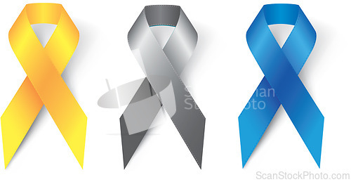 Image of Ribbon, awareness and bow in studio for support, suicide prevention and healthcare icon or child abuse sign. Symbol, chest decoration and campaign for solidarity and recognition on white background