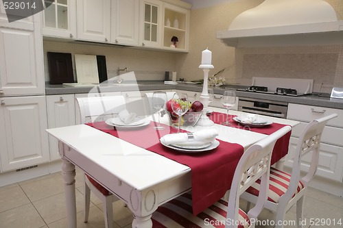 Image of served table in interior of the modern kitchen