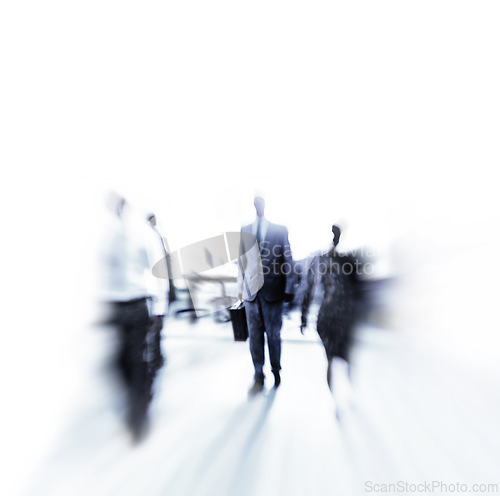 Image of Workers, blur or business in morning, rush or commute as travel, walk to corporate, office or job. Businesspeople, hurry or crowd as busy, workforce or professionals on abstract white background