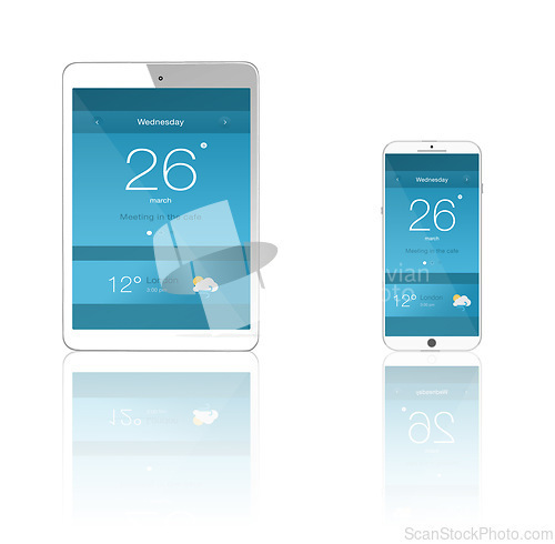 Image of Smartphone screen, tablet and ui of cellphone in studio isolated on white background mockup space. Phone, technology and display of digital electronics, time or weather app notification on reflection