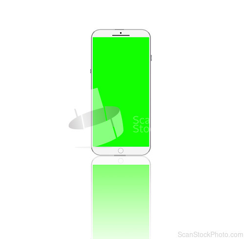Image of Smartphone, green screen and mockup in studio for advertising space, display or promotion on white background. Technology, chroma key and mobile phone for announcement, digital branding or marketing